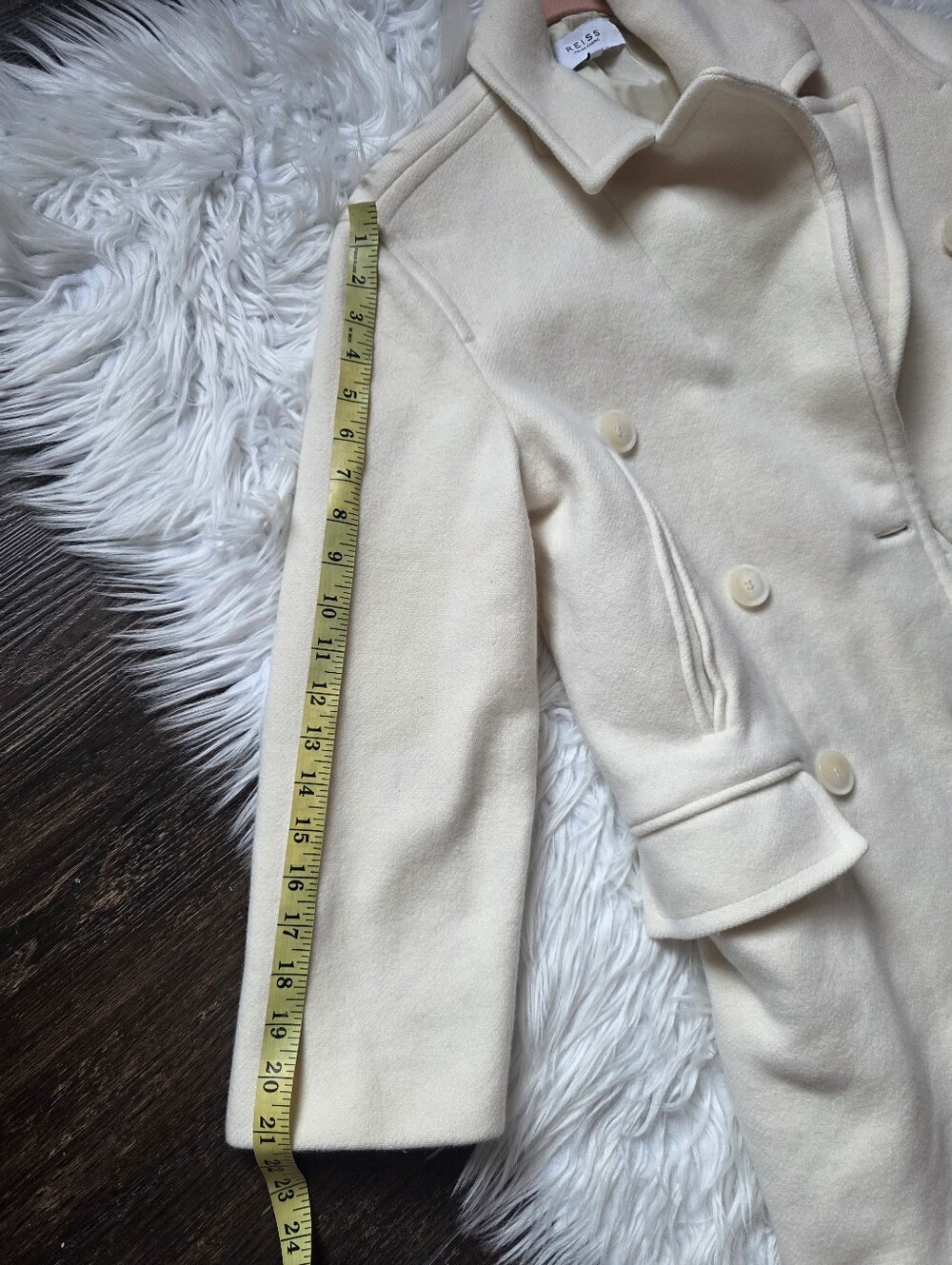 Reiss Cream Double-Breasted Wool / CashmerePea Coat - Picture 9 of 16